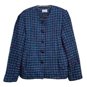Koret Tweed Boucle Collarless Buttoned Blazer Jacket Blue Teal Size Petite 6